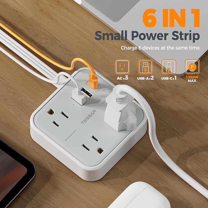 Cruise Essentials, TESSAN Flat Plug Travel Power Strip, Non Surge Protector - Image 3