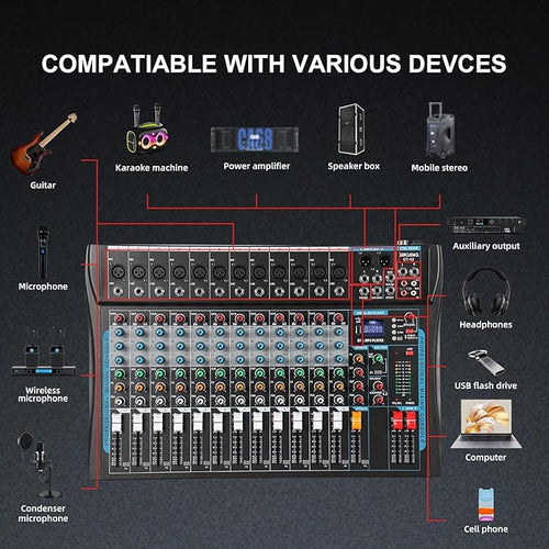 12 Channel Audio Interfacer Sound Board Mixer DJ Mixer 16-Bit DSP Effect USB - Image 2