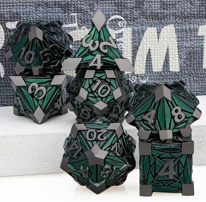 7PCS Metal DND Dice Set with Box, Debris RPG Green D and D Dice - Image 5
