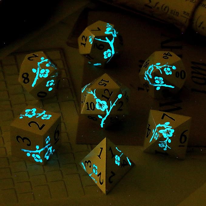 Glow in The Dark Flower Metal Dice, DNDND 7 PCS Blue Metallic D&D Dice Set - Image 2