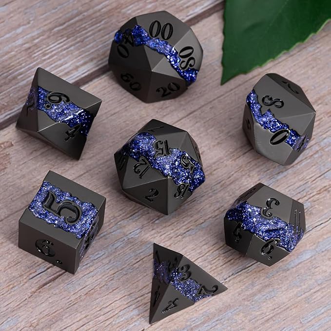 Metal DND Polyhedral Dice, Large Stripe Glitter Metallic Dice Set, Antique by Maywin