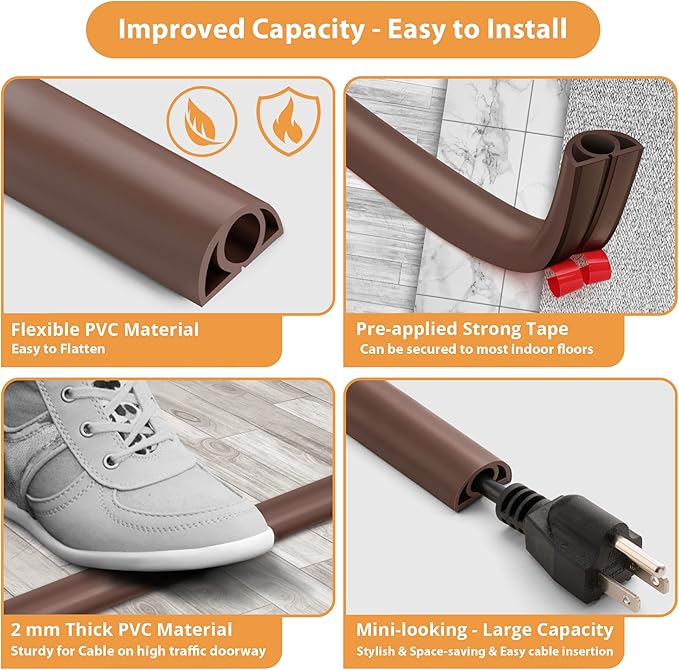 5ft Cord Cover Floor for Extension Cords, Self-Adhesive Floor Cable Cover to - Image 4