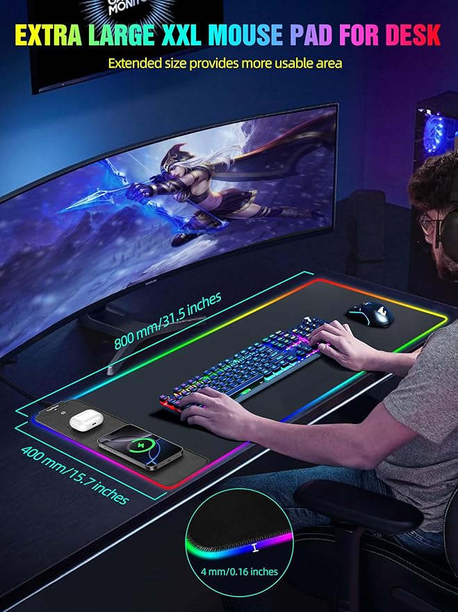 TopMade Wireless Charging RGB Mouse Pad, Waterproof Gaming Desk Pad - Image 5
