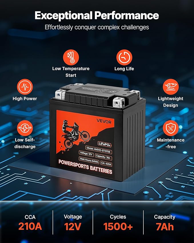 VEVOR Motorcycle Battery, 12 Volt 7Ah, LiFePO4 Lithium Pre-Charged Powersports - Image 3