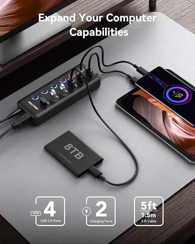 Powered USB Hub, Wenter 6-Port USB 3.0 Hub Splitter - Image 2