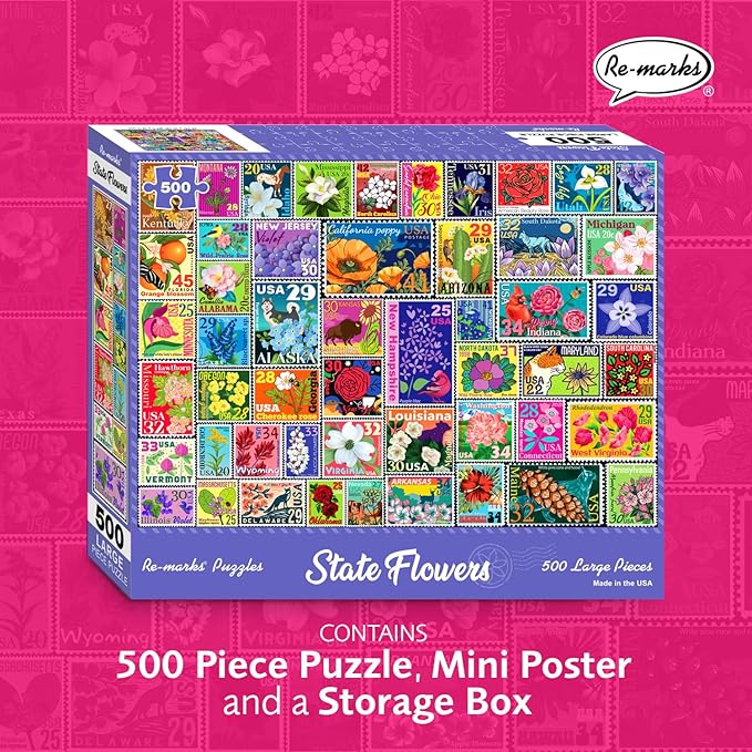 Re-marks State Flowers Stamp Collage Jigsaw Puzzle, 500 Large Piece Jigsaw - Image 2