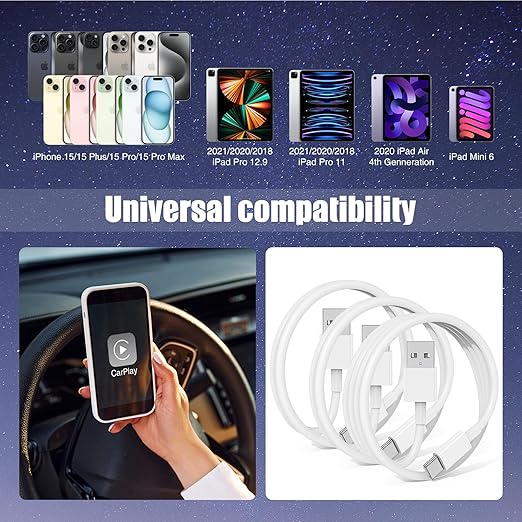 Car Carplay Cable for iPhone 16 15 Pro Plus Pro Max，3-Pack USB A to USB C Cable - Image 5