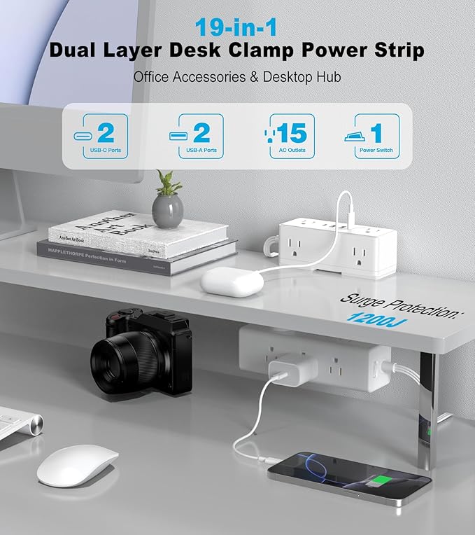 Dual Layer Desk Clamp Power Strip, Desktop Edge Mount Surge Protector - Image 2