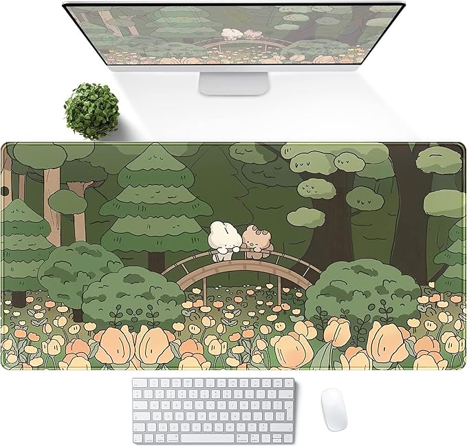 Anime Forest Desk Mat, Cute Green Mouse Pad, Kawaii Aesthetic Full Desktop Pad - Image 2
