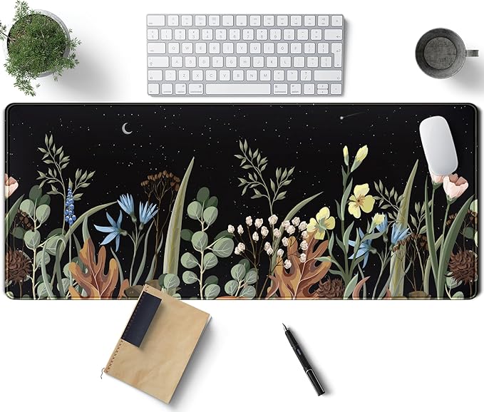 Cute Gaming Black Wild Flowers Desk Mat Mouse Pad Star Moon Floral Mousepad by TENG+DA+QING