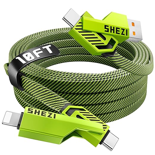 SHEZI 4-in-1 USB C Cable 60W 10FT Fast Charging Flat Nylon Braided Charger Cord by SHEZI