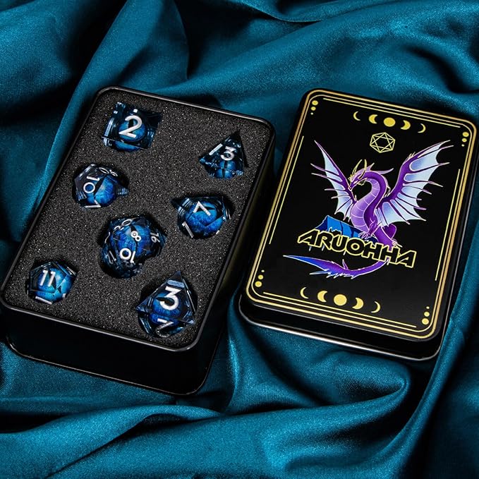 ARUOHHA DND Resin Dice Dragon Eye Dice Liquid Core Blue Sharp Edged Dice Set - Image 7