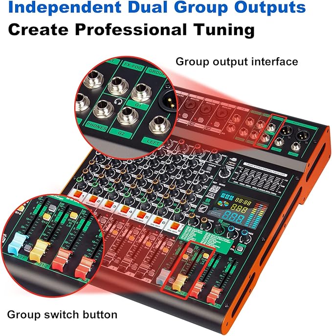 Depusheng TG8 professional dj audio mixer 8 channel input and dual group output - Image 6