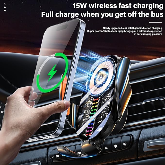 Wireless Car Charger, Cell Phone Car Mount 15W Fast Charging Auto Clamping - Image 6
