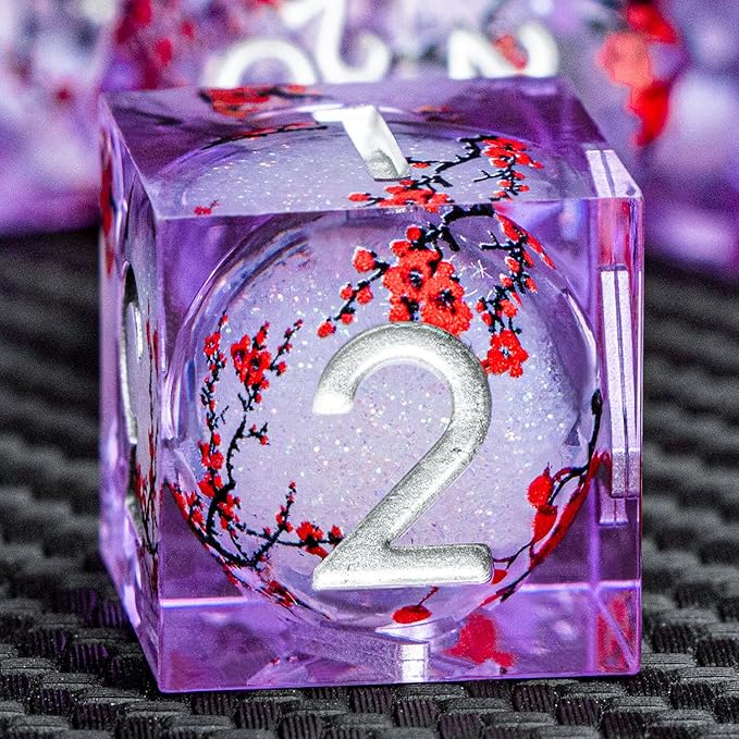 ARUOHHA DND Resin Dice Plum Blossom Liquid Core Silver Purple Sharp Edged by ARUOHHA