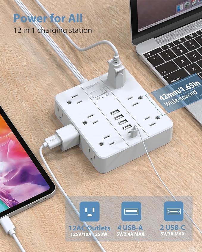 Surge Protector Power Strip 15 Ft Extension Cord, 12 Widely Spaced Outlets 6 - Image 3