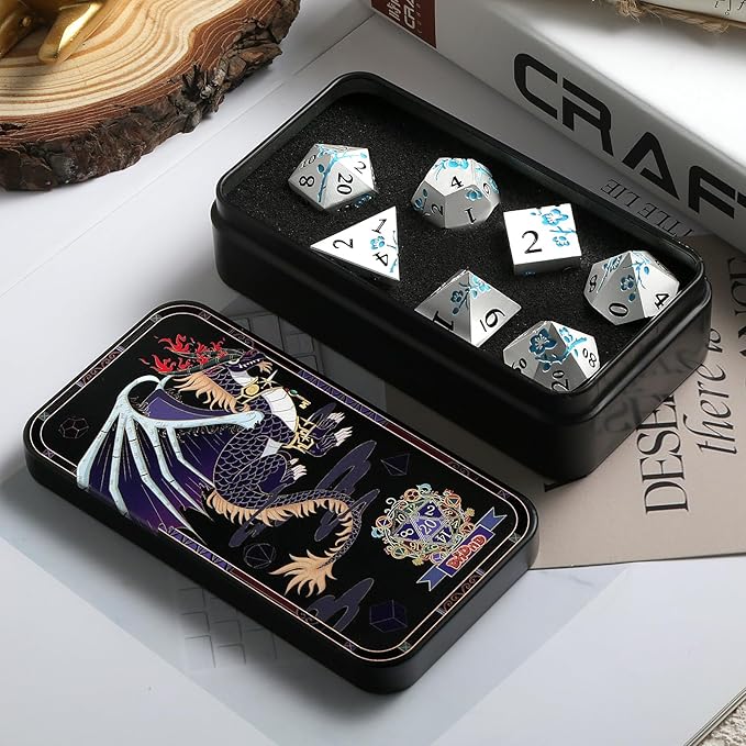 Glow in The Dark Flower Metal Dice, DNDND 7 PCS Blue Metallic D&D Dice Set - Image 8