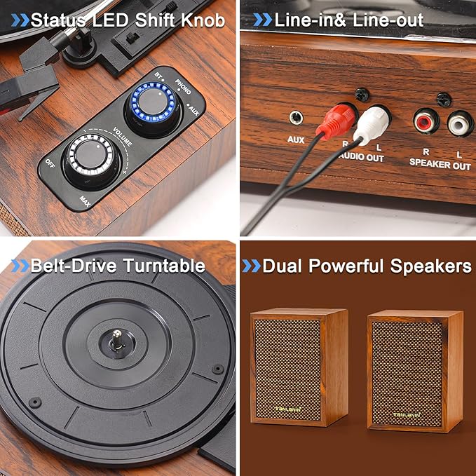 Vinyl Record Player with External Speakers, 3 Speed Vintage Stereo Turntable - Image 5