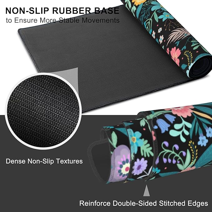 Mouse Pad, Large Colorful Flowers and Plants Desk Mat, Extended Non-Slip Gaming - Image 3