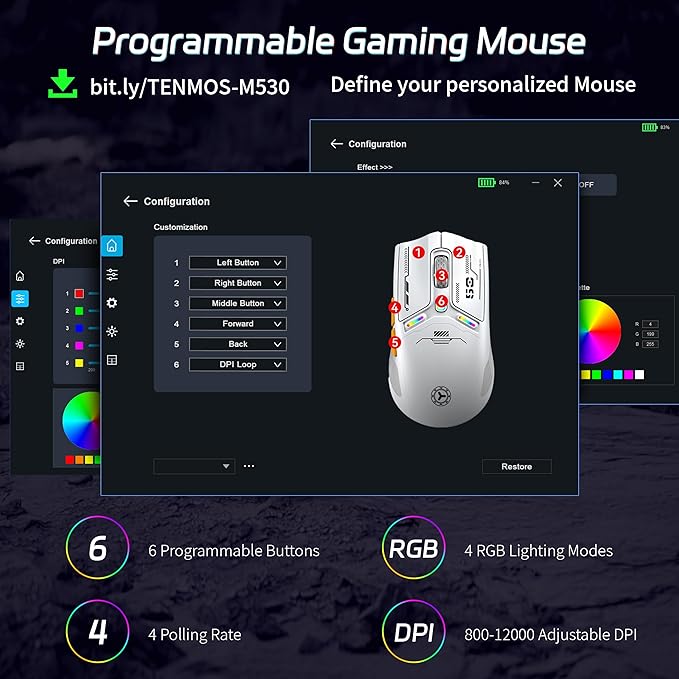 TENMOS M530 Wireless Gaming Mouse, 2.4G/Bluetooth/USB C Wired Rechargeable Mouse - Image 4