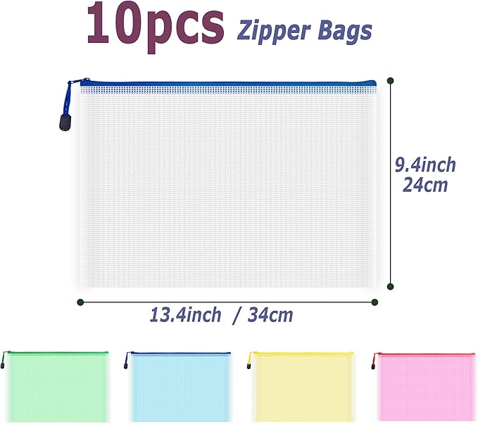 AUSTARK 10 Pcs Zipper File Bags, Waterproof Plastic Mesh Pouch - Image 2