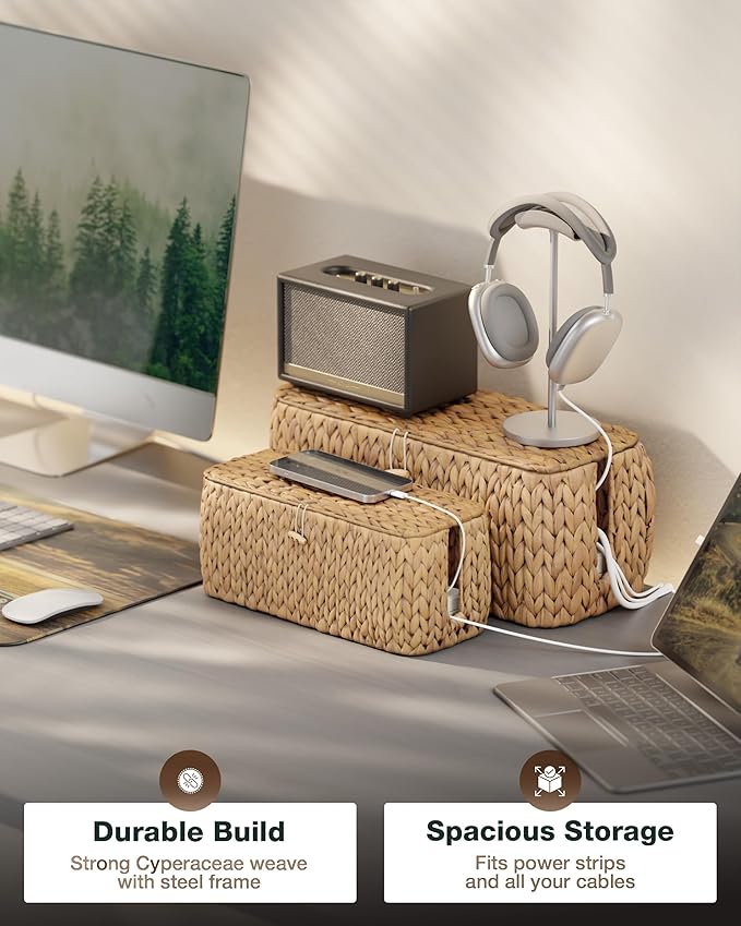 BLUEWEST Pack 2 Large Cable Management Box, Wicker Hyacinth Rattan Cable - Image 2