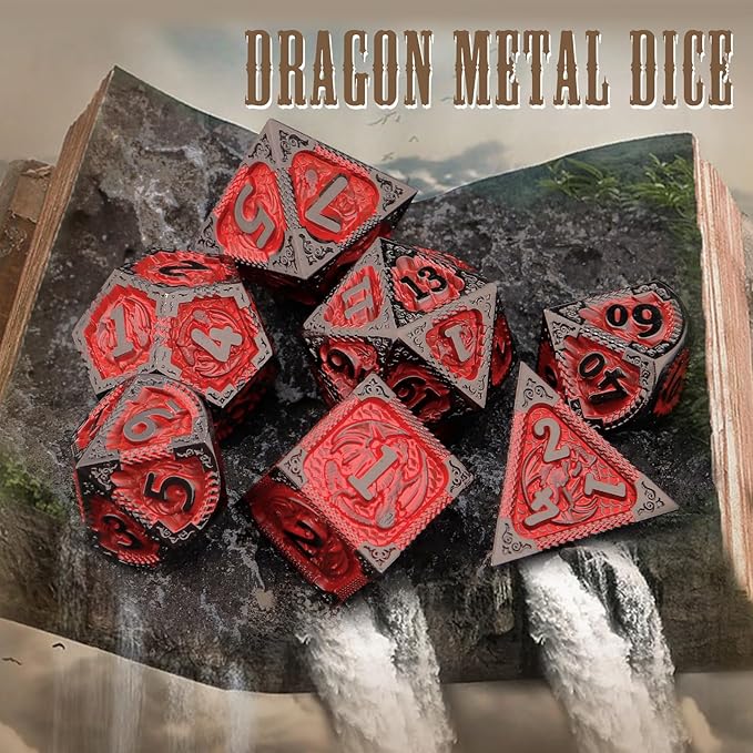 PJOY Metal DND Dice Set D&D Dragon Dice Black Red - Image 6
