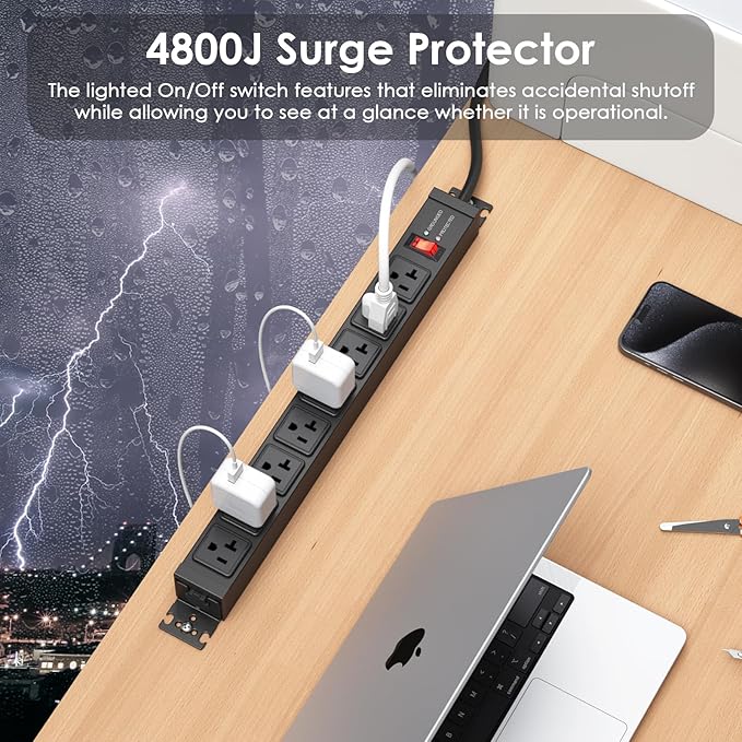JUNNUJ 20 Amp Power Strip Heavy Duty 2 Pack, 4800J Surge Protector Metal Power - Image 5