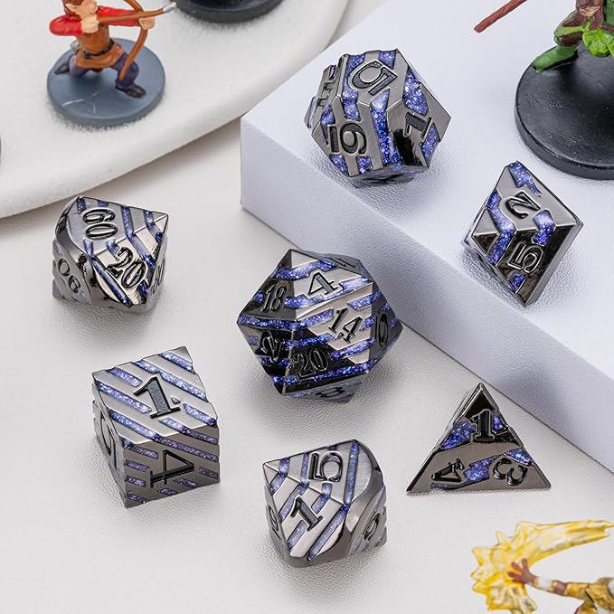 Anitque Metal Dice D&D, Metal Glitter Stripe Dice 7pcs Set - Image 2