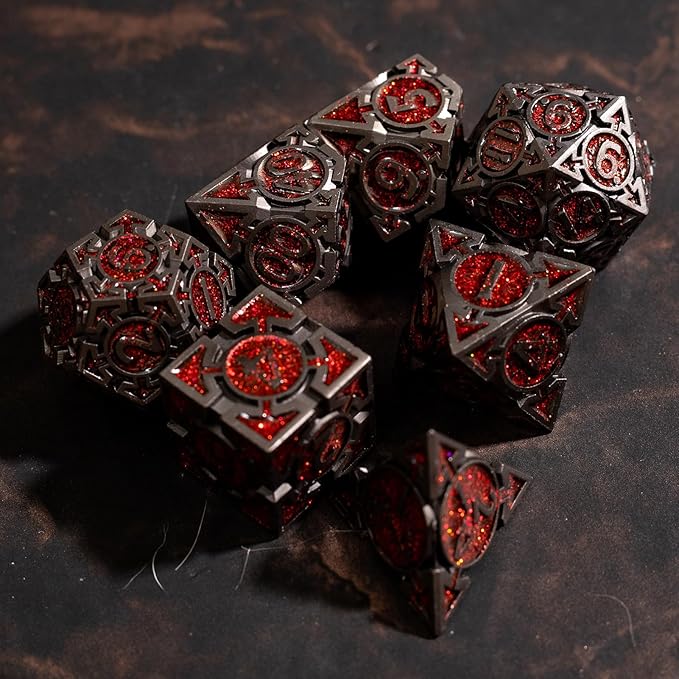 Red Black Nickel Finish Heavy Metal DND Dice Set - Image 3