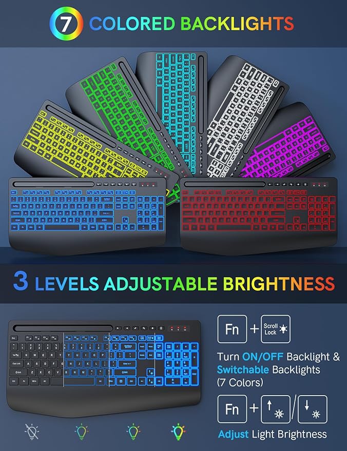 Trueque Wireless Keyboard with 7 Colored Backlits, Wrist Rest, Phone Holder - Image 2