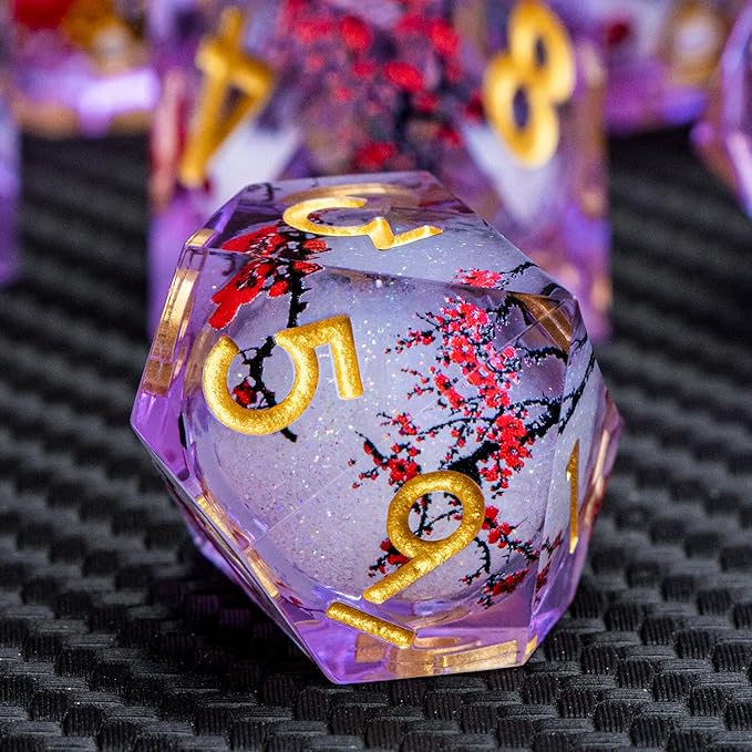 ARUOHHA DND Resin Dice Plum Blossom Liquid Core Golden Purple Sharp Edged - Image 5