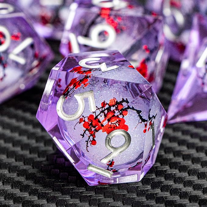 ARUOHHA DND Resin Dice Plum Blossom Liquid Core Silver Purple Sharp Edged - Image 5