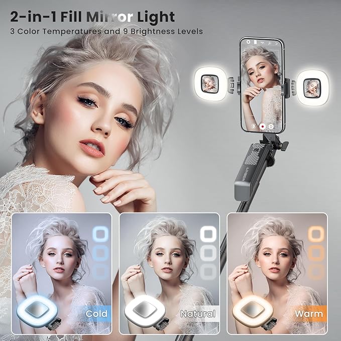 71" Selfie Stick Tripod with Wireless Remote & 2 Fill Lights, Tall Phone Tripod - Image 2