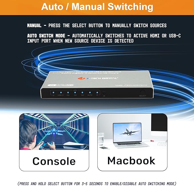 J-Tech Digital 4K 60Hz 4x1 HDMI & USB-C Switch | 3 HDMI + 1 USB-C Input - Image 4