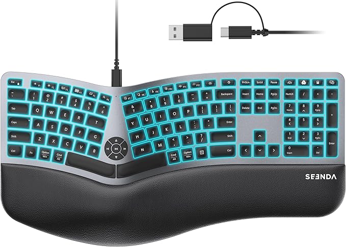 seenda 7-Color Backlit Wired Ergonomic Keyboard, KUW01 USB & Type-C Wired Split by seenda-JustBeYourself