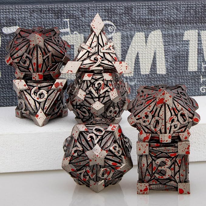 7PCS Metal DND Dice Set with Box, Debris RPG Blood Spatter D and D Dice - Image 5