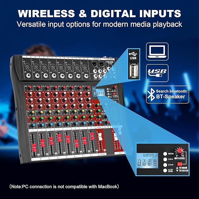 8 Channel Audio Mixer, Professional Music Mixer Board DJ Mixing Console - Image 4