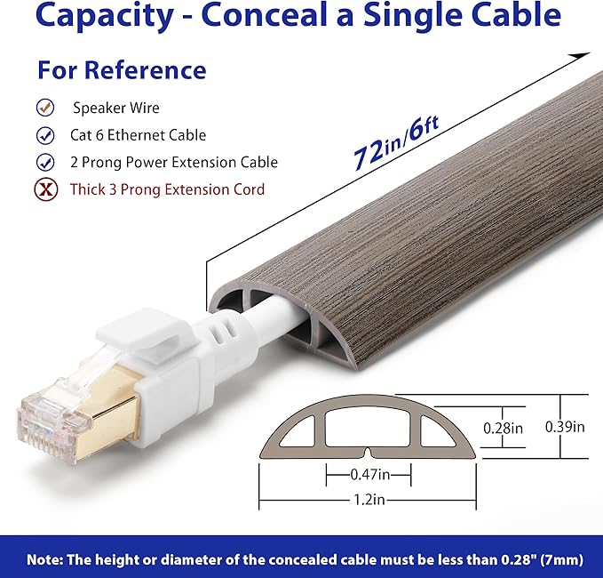 Floor Cord Cover 6ft, Cord Hider Floor Gray Wood, Cable Management Prevent Trips - Image 2