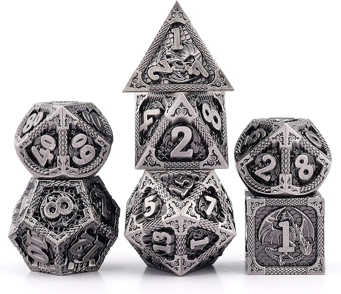 PJOY Metal DND Dice Set Antique Silver Dragon Scale D&D Polyhedral Dice by PJOYDice