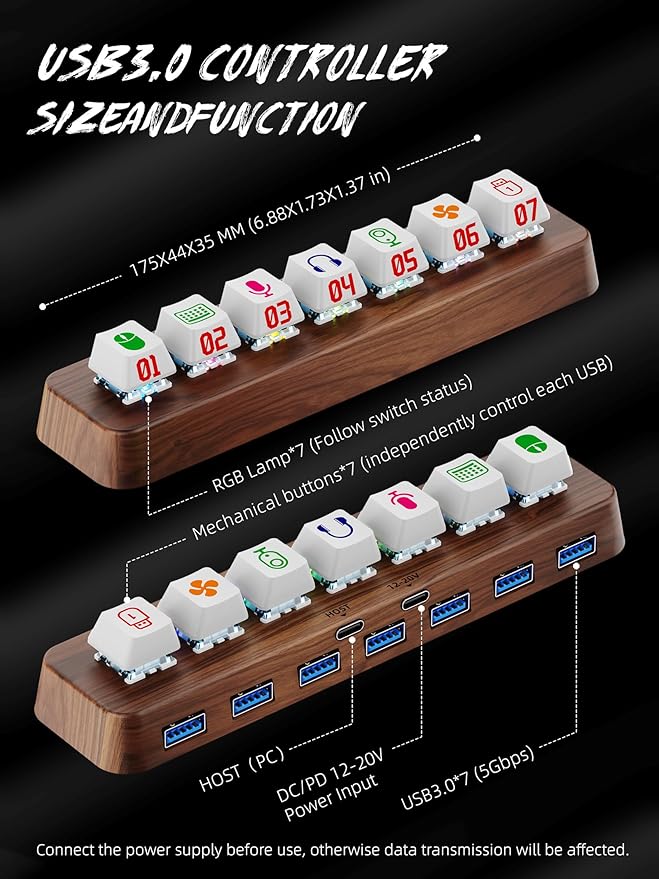 Walnut Wood 7-Port Powered USB 3.0 Hub, 5Gbps Data Transfer, Independent - Image 6