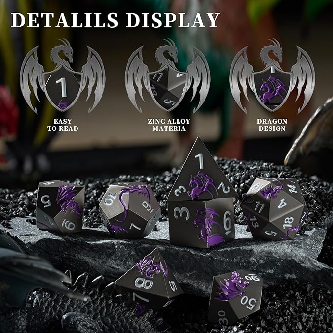 Metal Dice Set D&D, HNCCESG Polyhedral Dice 7 Piece Dice Dragon Metallic DND - Image 4