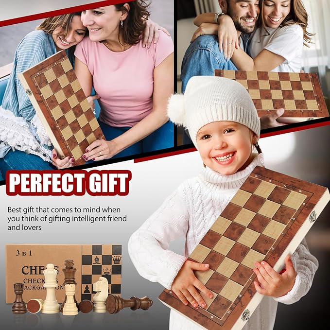 Chess Checkers Backgammon 3-in-1 Board Games Sets, Wooden Chess Set - Image 5