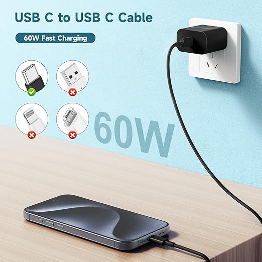 60W USB C to C Cable iPhone 15 Fast Charging Cable, 6ft Long USB-C to USBC - Image 2