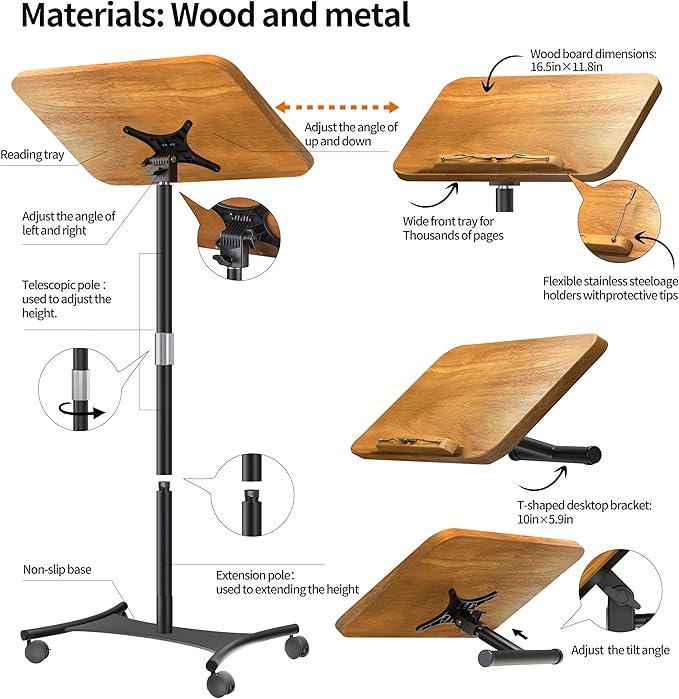 NAMON Rolling 2-in-1 Dual-use Music Stand & Desktop Book Stand, 100% Solid Wood - Image 7
