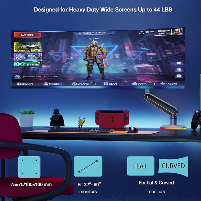RGB Gaming Monitor-arm for Flat/Ultrawide/Curved Monitors 32 to 60 inch - Image 6
