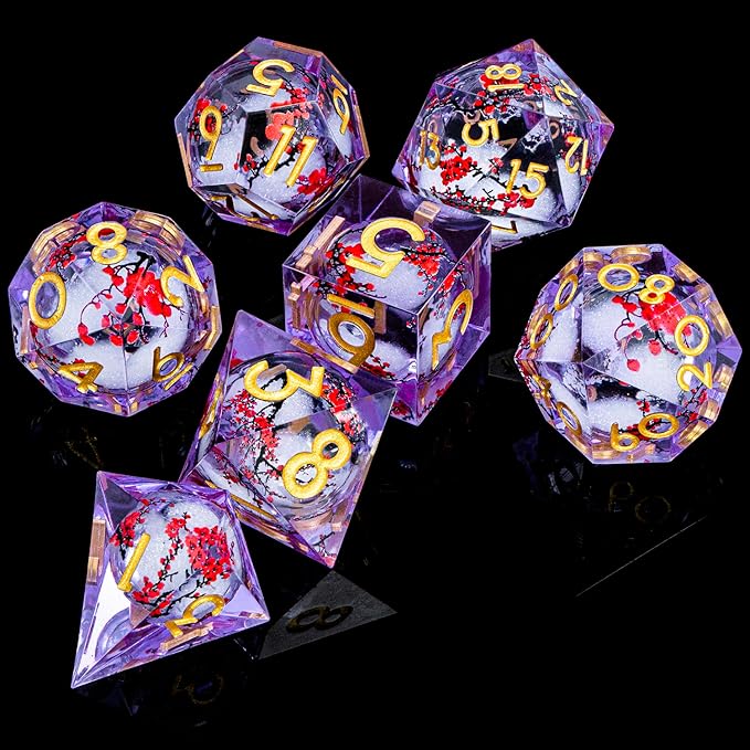 ARUOHHA DND Resin Dice Plum Blossom Liquid Core Golden Purple Sharp Edged - Image 6