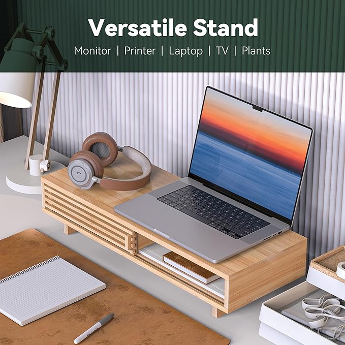 Monitor Stand Riser with Sliding Door, Computer Laptop Stand Desk Shelf - Image 4