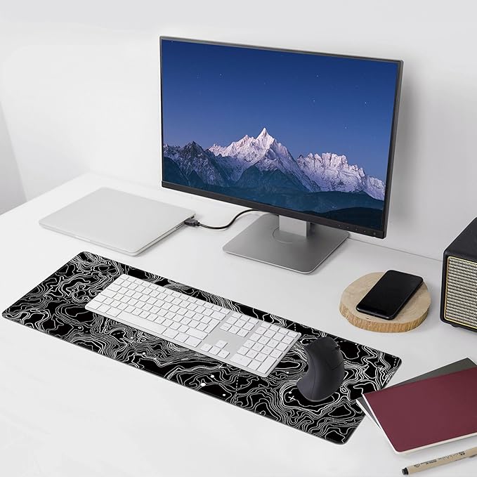 Black with White Topographic Line Large Mouse Pad, Gaming Keyboard Desk Pad - Image 6