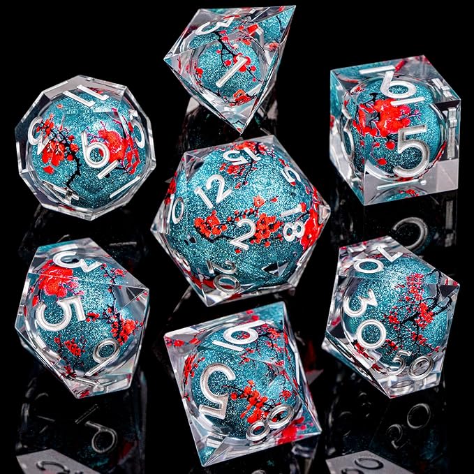 ARUOHHA DND Resin Dice Plum Blossom Liquid Core Dice Silver Blue Sharp Edged - Image 2